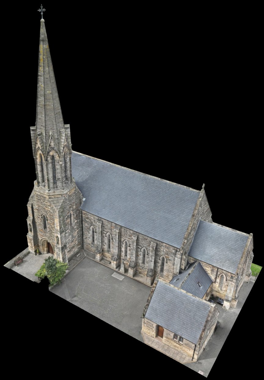 Droneacres 3D model of St Robert's Church, Morpeth, seen from above, showing the spire, slate roofs and stone elevations